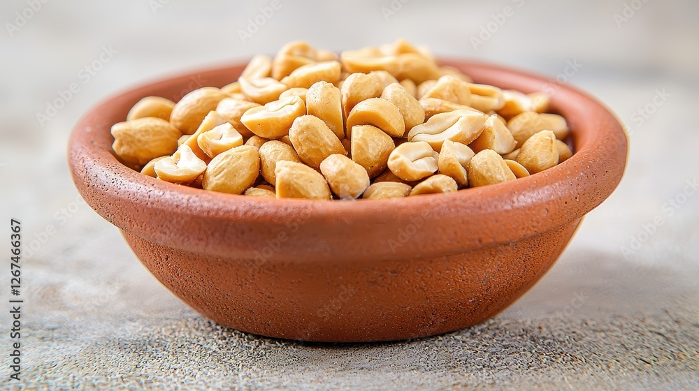 Earthenware bowl overflowing with wholesome and crunchy peeled peanuts Earthenware bowl overflowing with wholesome and crunchy peeled peanuts