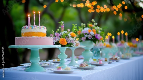 Elegant outdoor celebration with birthday cake, floral displays and soft lighting