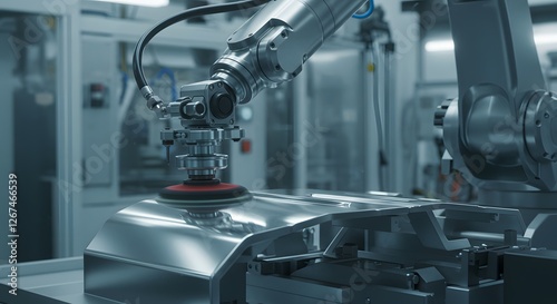 Industrial robotic arm polishing metal surface in factory tool grey blue work line steel shiny clean
