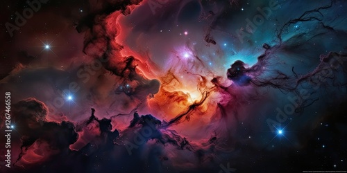 A mesmerizing cosmic nebula, with swirling clouds of interstellar gas forming intricate, fluid shapes and stars, sky space background, wallpaper, web banner
