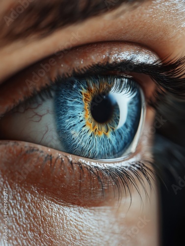 A close-up shot of a person's blue eye photo