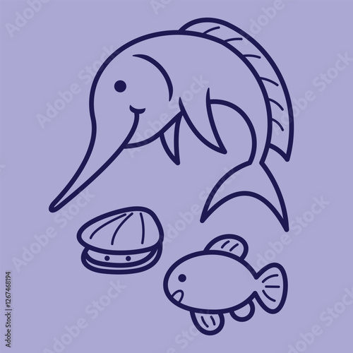 Lineart outline Sea Animal in cute colorful design for kids and education