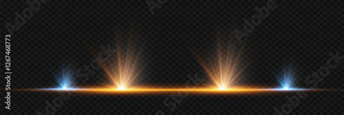 Glowing line with star rays light effect. On a transparent background.