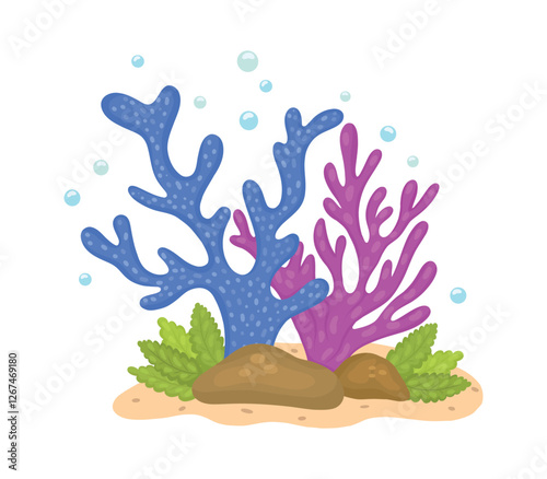 Vector illustration of marine corals. Drawings for design, banners, books, marine and travel magazines. Stock illustration.