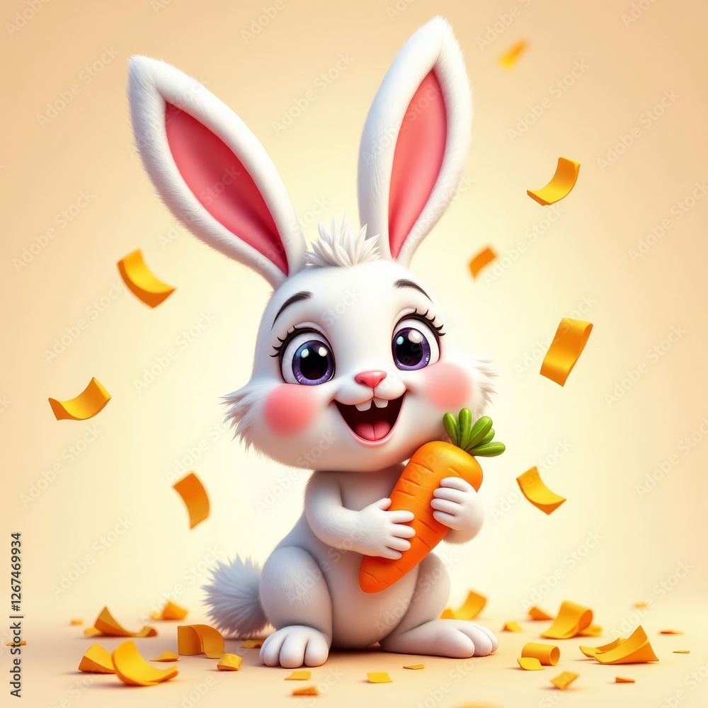 Fototapeta premium Cute Easter Bunny Holding Carrot, Confetti Around