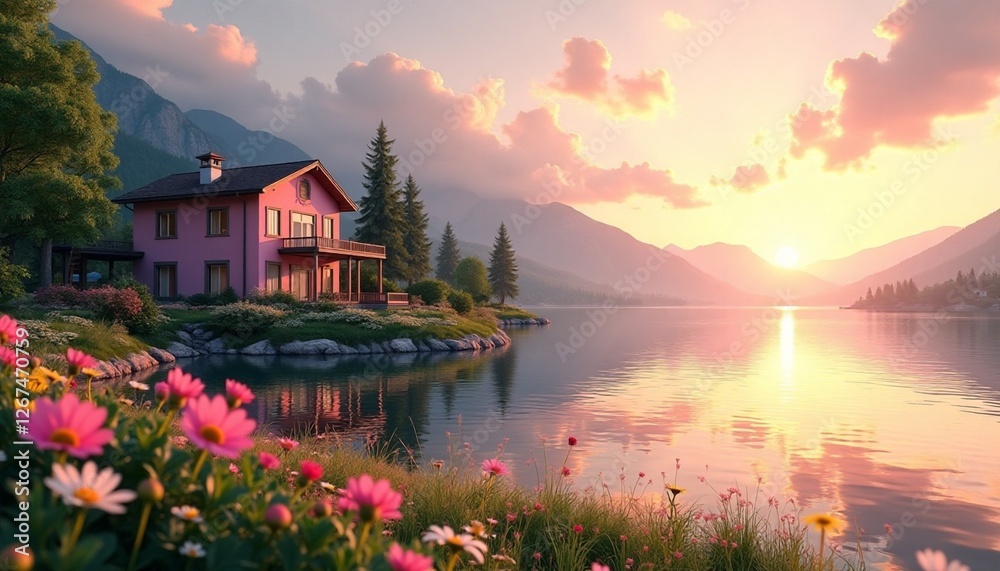 Fototapeta premium Villa on a Lake’s Edge Adorned with Vibrant Pink Flowers, Featuring a Close-Up View of Delicate Petals with Majestic Mountains in the Background