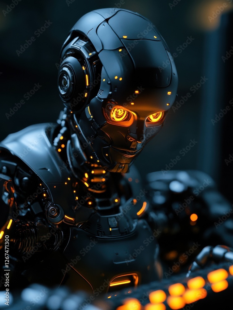 Fototapeta premium Humanoid robot with glowing eyes using computer keyboard