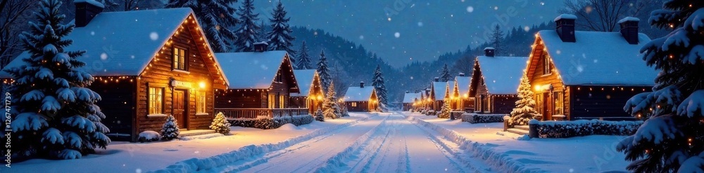 Snowy winter village scene at night with Christmas lights and decorations, lights, snowy, village Snowy winter village scene at night with Christmas lights and decorations, lights, snowy, village