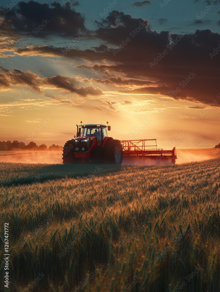 Obraz premium Red tractor spraying a field at sunset.