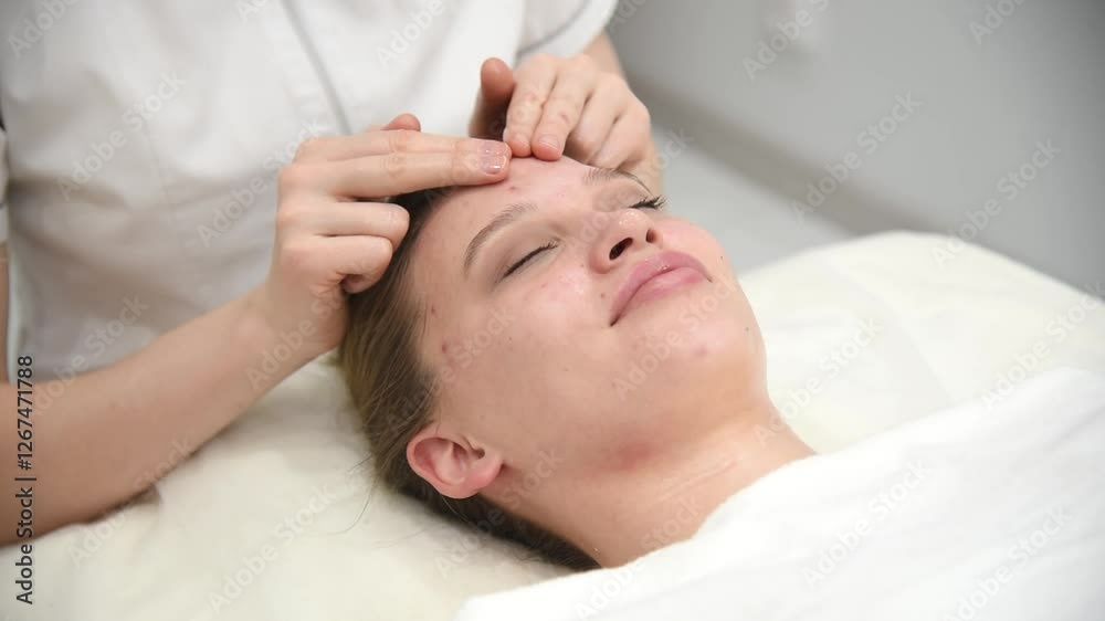 face massage, young attractive caucasian woman, beautiful relaxed lady with problem skin and red inflammations, white towel, spa therapist doing facial massage in beauty salon, skincare concept face massage, young attractive caucasian woman, beautiful relaxed lady with problem skin and red inflammations, white towel, spa therapist doing facial massage in beauty salon, skincare concept