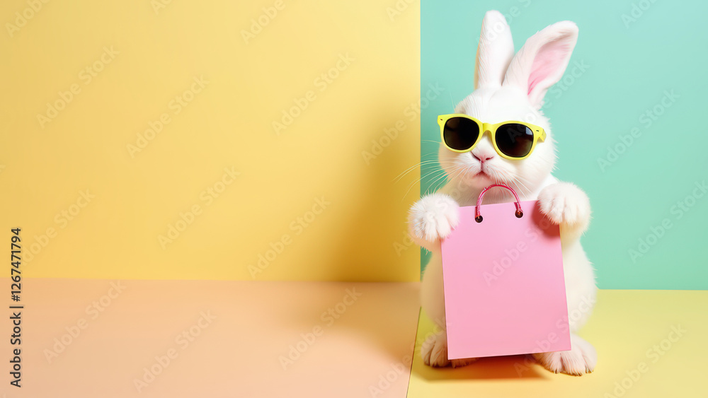 Obraz premium White rabbit wearing yellow sunglasses holding a pink shopping bag on a pastel yellow and mint green background. Easter shopping and gift concept. Copy space for design and print
