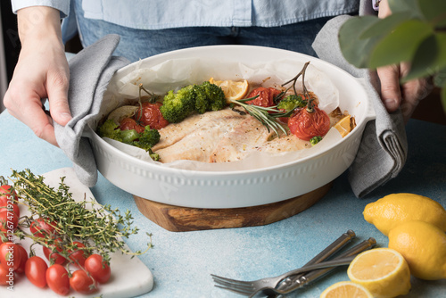 Baked Tilapia Fish Fillet with Sauteed broccoli, tomato in woman hands.