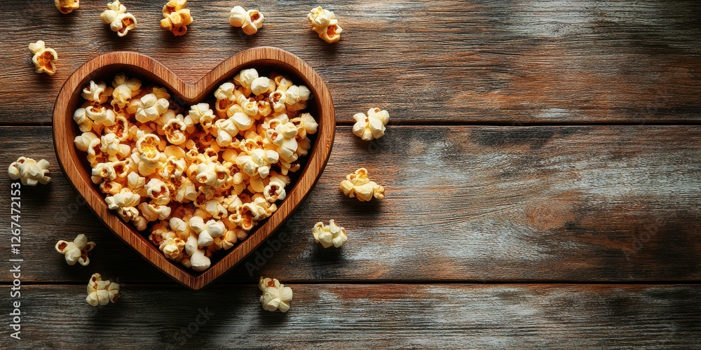 Heart-shaped bowl of popcorn surrounded by scattered kernels on a rustic wooden table Heart-shaped bowl of popcorn surrounded by scattered kernels on a rustic wooden table