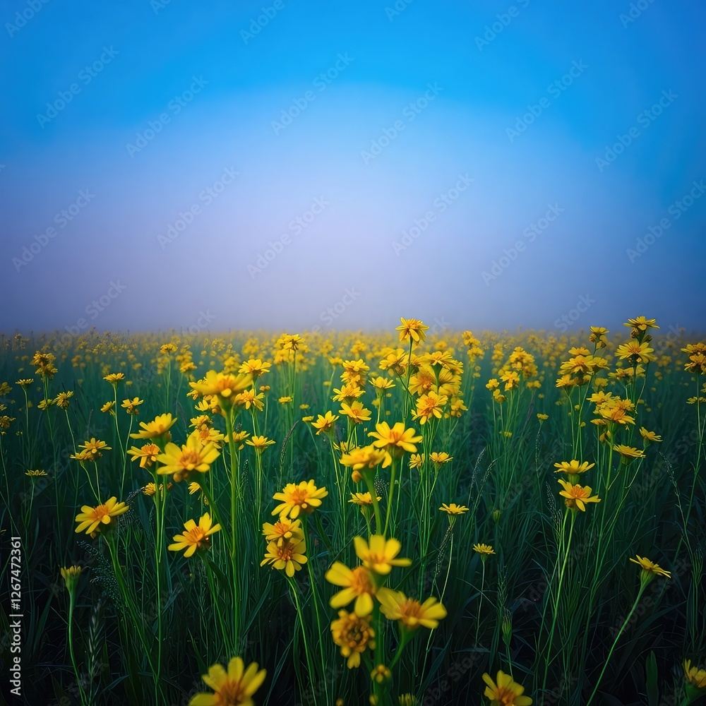 Obraz premium dandelions on blue sky background, field of yellow dandelions, meadow with yellow flowers, field of yellow flowers
