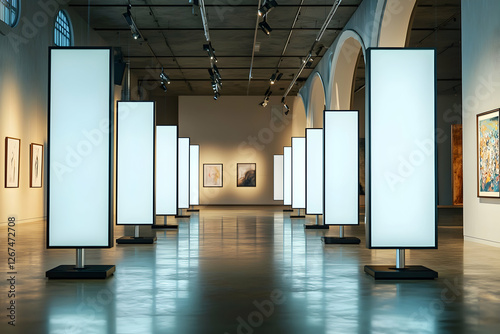 Gallery with tall narrow 3D screens, perfect for digital art or augmented reality presentations.