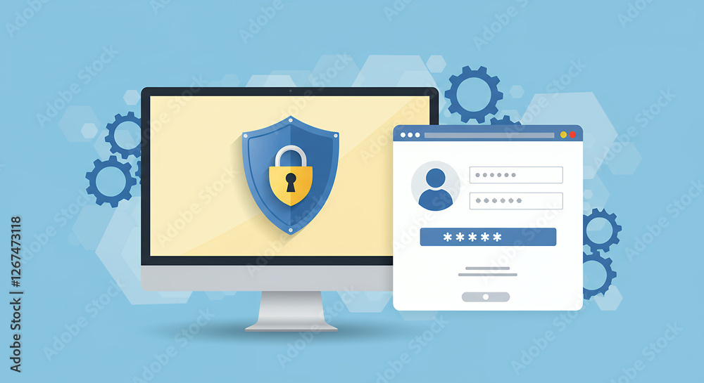Cybersecurity Illustration: Secure Login & Data Protection. Digital Safety, Shield, Lock, Computer, Gears, and Modern Design Concept. Cybersecurity Illustration: Secure Login & Data Protection. Digital Safety, Shield, Lock, Computer, Gears, and Modern Design Concept.