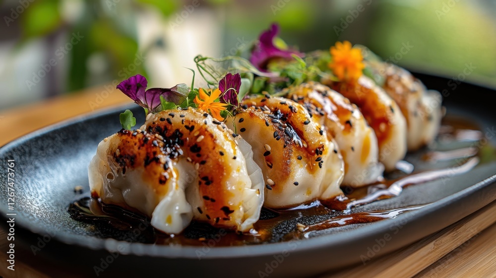 Exquisite presentation of gourmet dumplings with vibrant garnishes and savory sauce in modern culinary setting Exquisite presentation of gourmet dumplings with vibrant garnishes and savory sauce in modern culinary setting