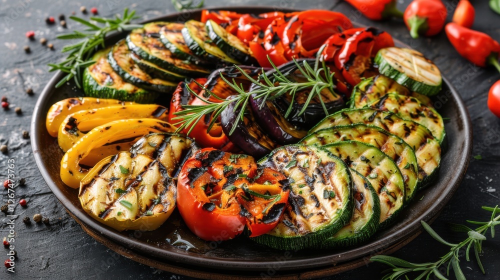Grilled vegetable platter with zucchini, bell peppers, and eggplant on a dark textured table, flat lay Grilled vegetable platter with zucchini, bell peppers, and eggplant on a dark textured table, flat lay
