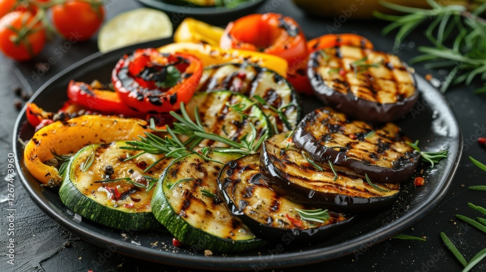 Grilled vegetable platter with zucchini, bell peppers, and eggplant on a dark textured table, flat lay Grilled vegetable platter with zucchini, bell peppers, and eggplant on a dark textured table, flat lay
