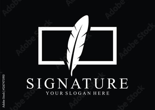 Signature feather pen logo design with frame box on black background