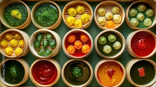 Vibrant assortment of colorful dumplings arranged in bamboo steamers on a green background photo