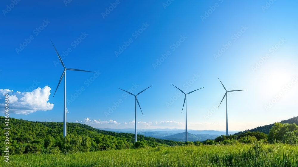 A panoramic view of wind turbines on lush green hills under a clear blue sky, symbolizing renewable energy and nature's harmony. A panoramic view of wind turbines on lush green hills under a clear blue sky, symbolizing renewable energy and nature's harmony.