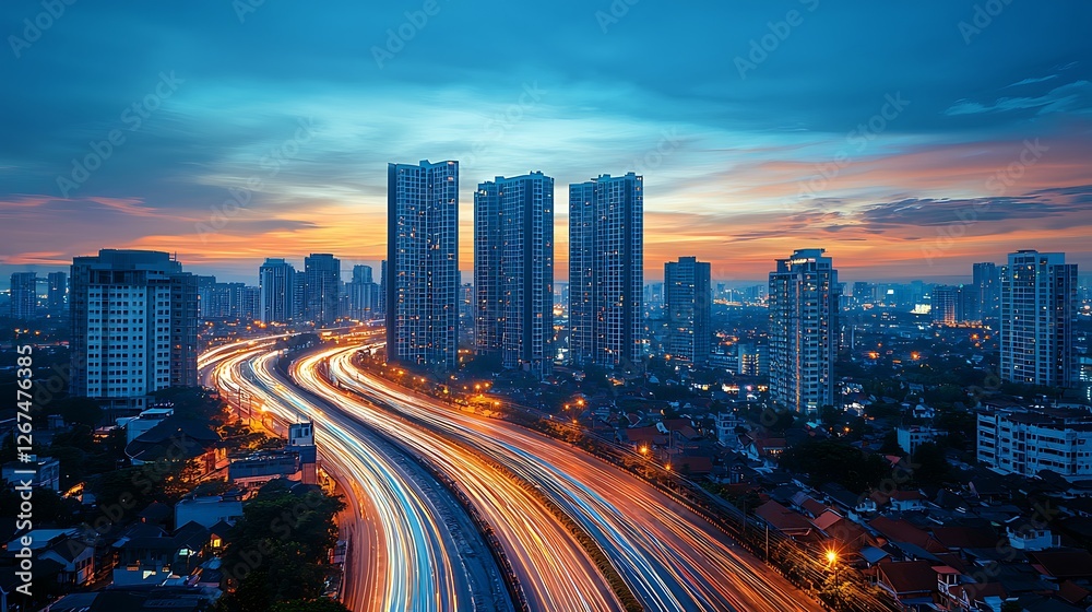 City highway sunset, traffic streaks, skyscrapers, urban development