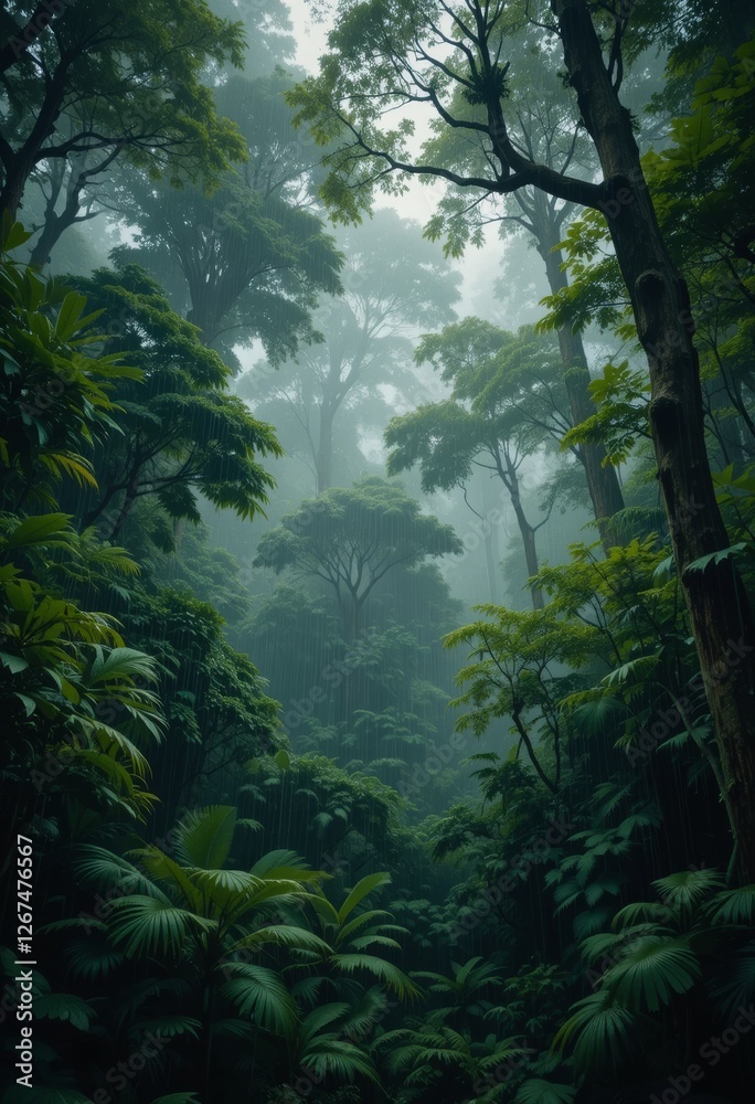 Fototapeta premium A misty rainforest with towering trees covered in lush green foliage, raindrops falling gently, creating a serene, foggy atmosphere with vibrant jungle textures Generative AI