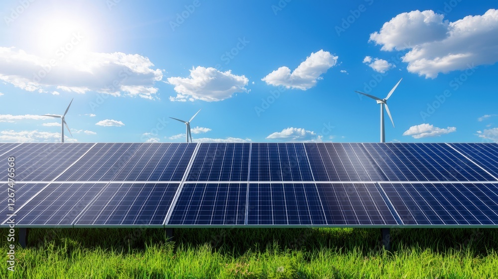 The image showcases solar panels in a green field, surrounded by wind turbines, under a bright blue sky with fluffy clouds, symbolizing renewable energy. The image showcases solar panels in a green field, surrounded by wind turbines, under a bright blue sky with fluffy clouds, symbolizing renewable energy.