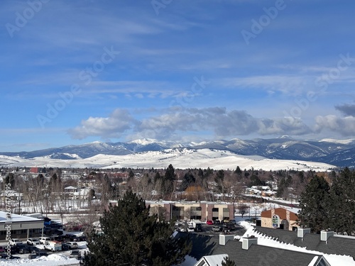 Missoul, Montana during winter looking north toward Snowbowl mountain. 