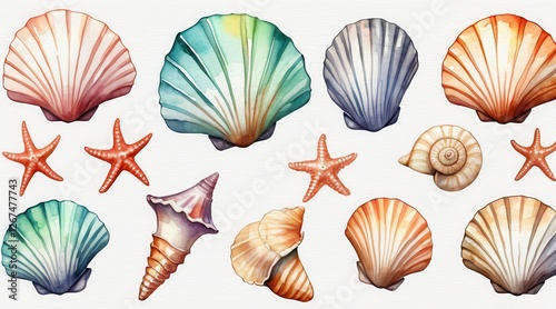 Vibrant Watercolor Seashells and Starfish on White photo