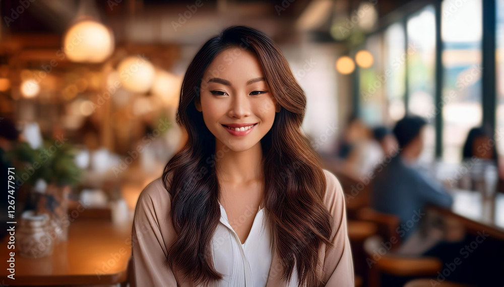 Portrait of a young woman with long dark hair, wearing a brown outfit, sitting in a cozy cafe with warm lighting and blurred background. Portrait of a young woman with long dark hair, wearing a brown outfit, sitting in a cozy cafe with warm lighting and blurred background.