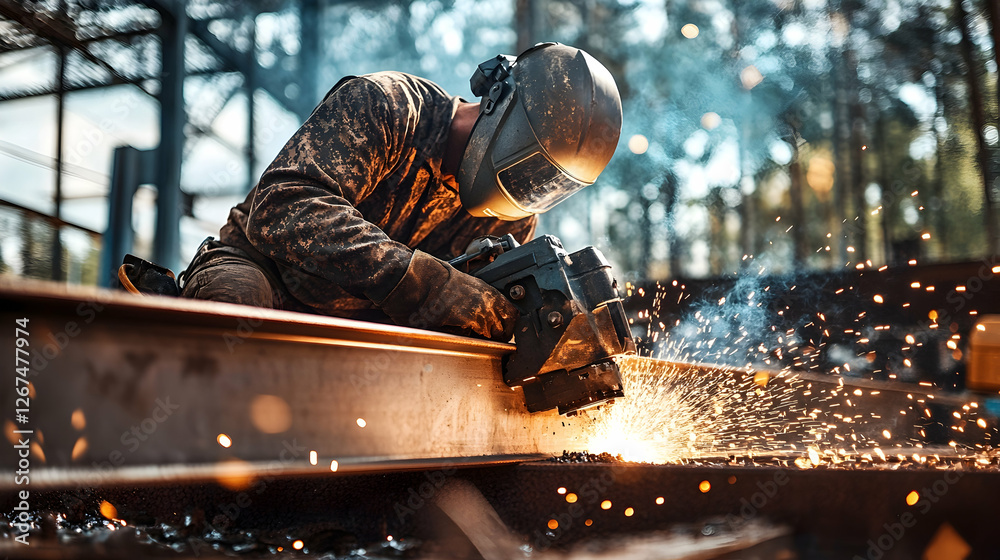 Man welding steel beam in industrial site, sparks flying, metal industry scene Man welding steel beam in industrial site, sparks flying, metal industry scene