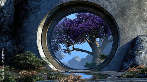 A Purple Flowering Tree Viewed Through a Futuristic Stone Portal photo