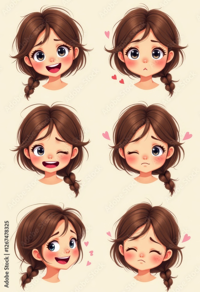 Girl Cartoon Expressions Set with Braids and Hearts Girl Cartoon Expressions Set with Braids and Hearts