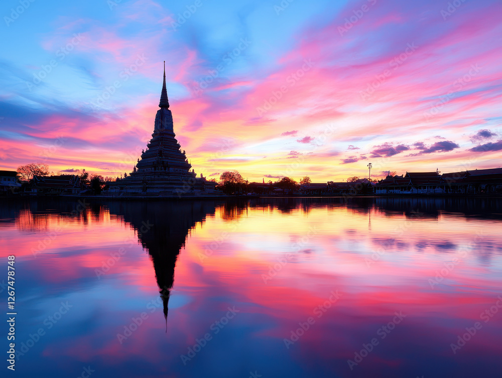 Fototapeta premium tranquil sunset view of monument reflecting in water, showcasing vibrant colors