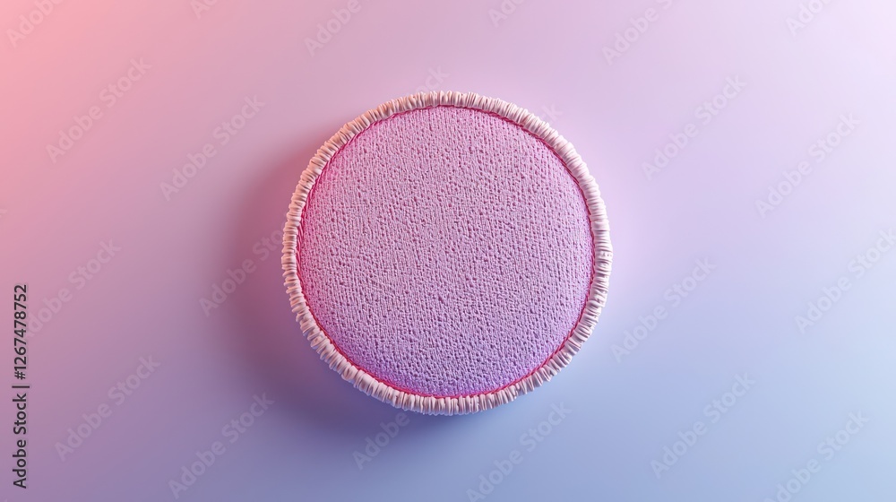Obraz premium Gentle shadow effects and soft stitches in a circular patch, floating on a pastel gradient.