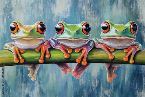 Three Red-Eyed Tree Frogs on Branch, Artistic Style photo