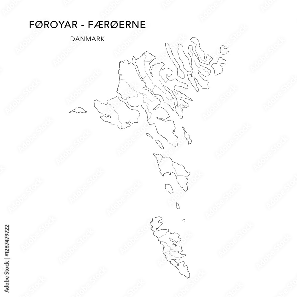 Fototapeta premium Geopolitical Vector Map of the Faeroe Islands (Føroyar Færøerne with Municipalities (Kommuner), and Regions (Sýslur) Administrative Subdivisions as of 2025 - Denmark