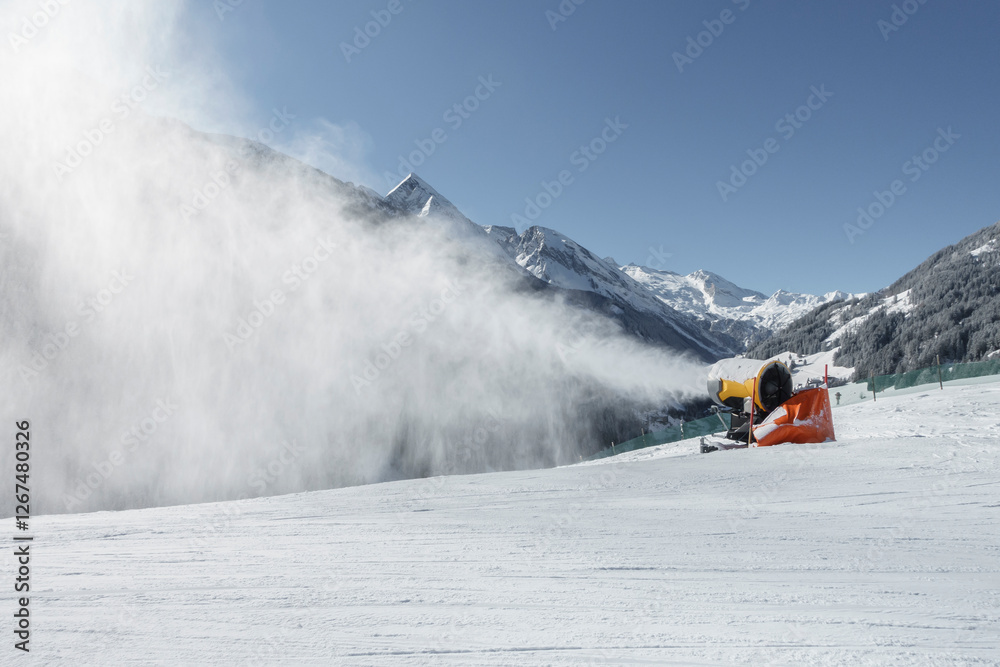 Ein Schneekanone im Einsatz an einer tiroler Skipiste
