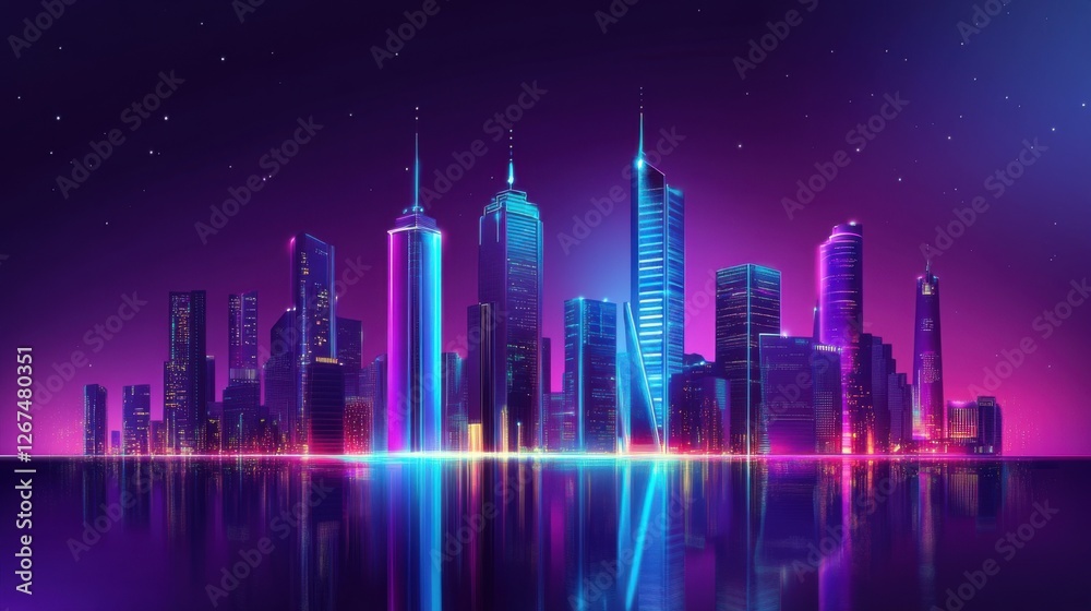 Fototapeta premium Neon Cityscape at Night: A Futuristic Metropolis Reflecting in Calm Waters