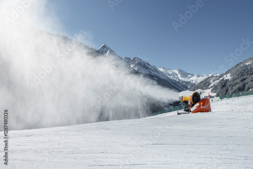Obraz na płótnie Ein Schneekanone im Einsatz an einer tiroler Skipiste w salonie