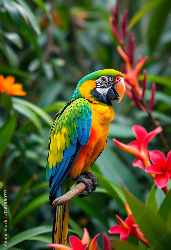 A brightly colored macaw parrot perched on a branch in a lush rainforest, surrounded by exotic flowers A brightly colored macaw parrot perched on a branch in a lush rainforest, surrounded by exotic flowers