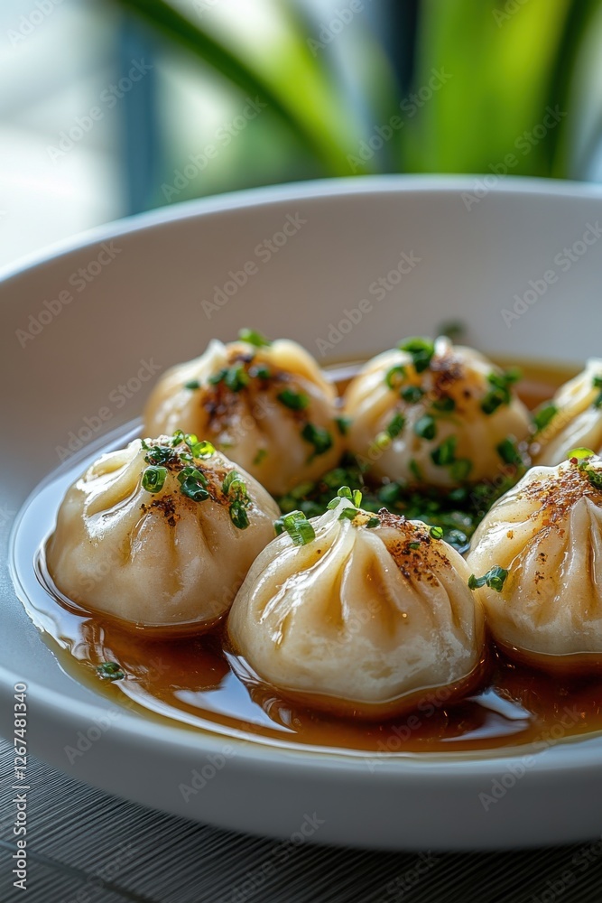 Delicately arranged soup on white plate highlighting delicious dumplings with garnishes Delicately arranged soup on white plate highlighting delicious dumplings with garnishes