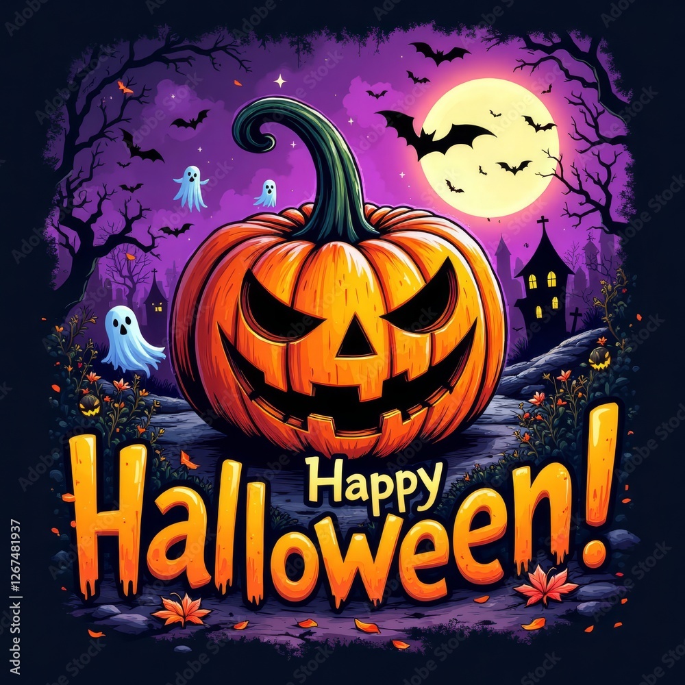Happy Halloween Cartoon with Ghosts and Bats in Night Sky Happy Halloween Cartoon with Ghosts and Bats in Night Sky