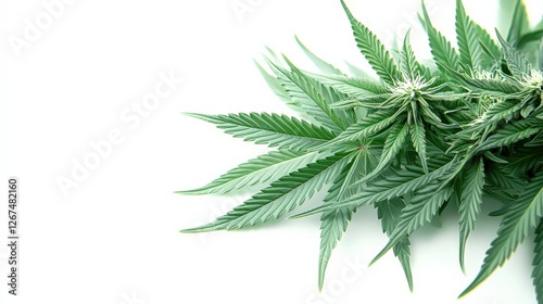 Close-up of vibrant green cannabis leaves arranged artistically on a clean white background (1)