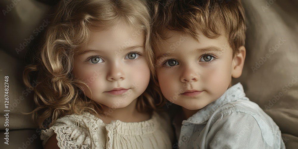 Two young children with captivating eyes share a close moment while snuggled together on a soft blanket indoors in natural light Two young children with captivating eyes share a close moment while snuggled together on a soft blanket indoors in natural light