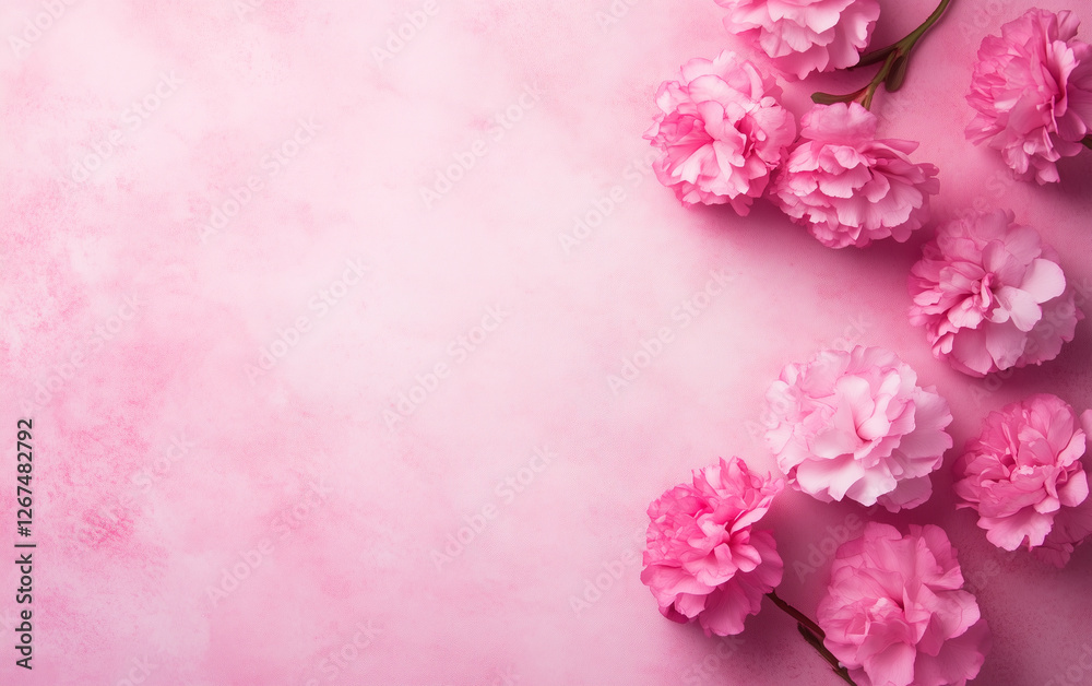 Beautiful carnation flowers arranged on a pastel pink textured background Beautiful carnation flowers arranged on a pastel pink textured background