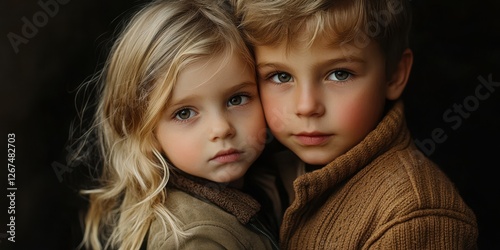 Two children with warm expressions pose closely together in soft lighting, showcasing affection and innocence in their expressions photo