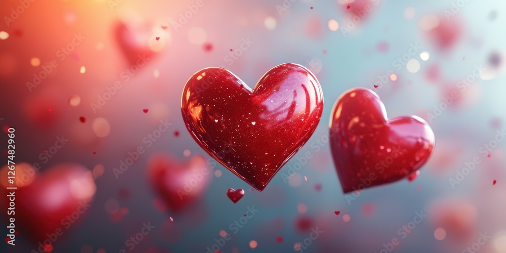 Red hearts floating in a dreamy background with sparkles and bokeh effects during a romantic celebration Red hearts floating in a dreamy background with sparkles and bokeh effects during a romantic celebration
